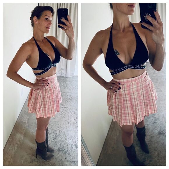 SHEIN Plaid Skirt Pleated Mini Pink Yellow Medium Party Club - Picture 1 of 10